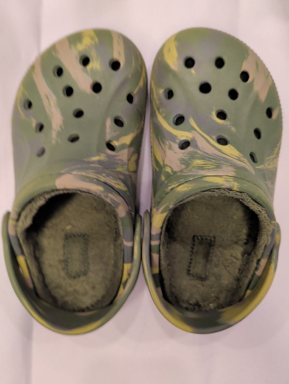 Crocs Ralen Lined Camo Clogs Junior Size 1 Kids Army Green Marbled Fleeced Used